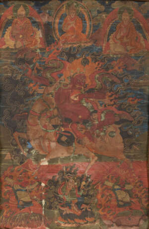 Zwei Thangkas mit Darstellungen einer Schutzgottheit auf Pferd und des Buddha Shakyamuni - photo 3