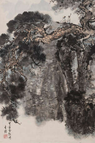 Jin Yu (1941- ): zwei Kalligrafien und eine Berglandschaftsmalerei. Tusche und Farben auf Papier - Foto 2