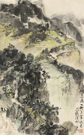 Malerei einer Berglandschaft in Longxi-Dorf, Tusche und Farben auf Papier, als Hängerolle montiert - Foto 1