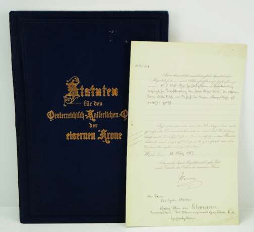 Österreich : Kaiserlicher Orden der Eisernen Krone, Verleihungsschreiben für den Kommandeur des k.u.k. Ulanenregiment Graf Paar Nr. 13. - фото 1