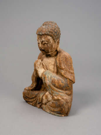 Figur des Buddha aus Holz mit Resten von Fassung - Foto 4