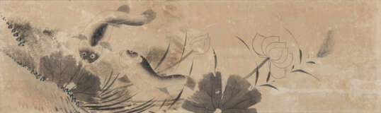 Anonymer Maler mit Darstellung von Paar Welsen an einem Ufer mit Lotusblumen, Tusche auf Papier - Foto 1