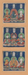Drei feine Miniaturmalereien, jeweils mit einer Dreier-Gruppe von Buddhistischen Gottheiten und Benennungen