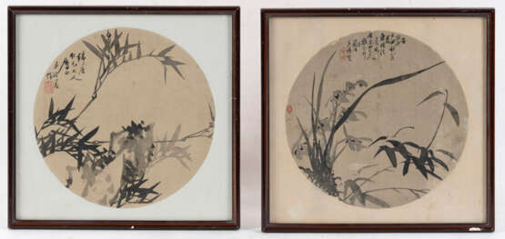 Zwei Rundfächerbilder mit Bambus und Orchidee. Tusche auf Seide - Foto 2