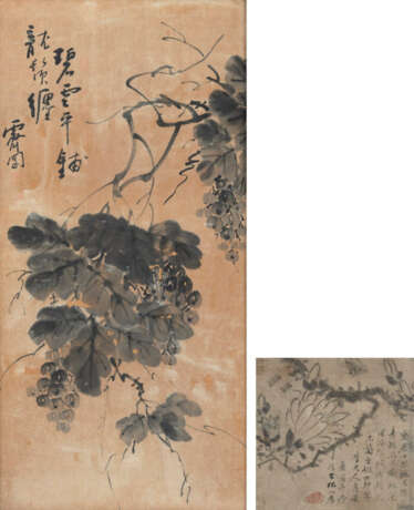 Zwei Tuschmalereien auf Papier: Trauben und Magnolie mit Schmetterling - photo 1