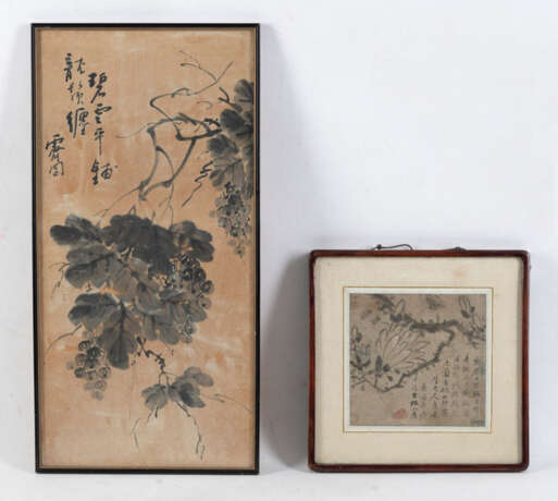 Zwei Tuschmalereien auf Papier: Trauben und Magnolie mit Schmetterling - Foto 2