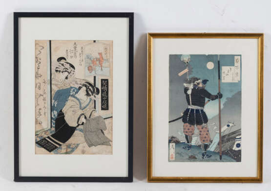 Sechs Farbholzschnitte mit figürlichen Darstellungen, u.a. von Utagawa Kunisada, Taiso Yoshitoshi, Keisai Eisen, Hashimoto Chikanobu - Foto 3