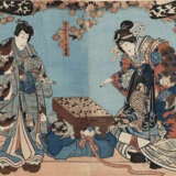 Drei Oban tate-e und ein Diptychon von diversen Künstlern u.a Toyokuni III, eine Doppelbuchseite von Matsukawa Hanzan und zwei kleine Albumblätter mit erotischen Sujets - Foto 1