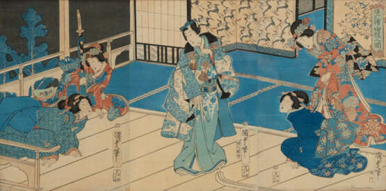 Triptychon des Utagawa Kunisada II (1823-1880) mit Darstellung einer Romanszene - фото 1