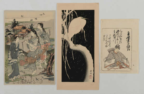 Vier Farbholzschnitte: Utagawa Sadahide, Katsukawa Shunshô, Ohara Koson, Nachschnitt nach Kubo Shunman - photo 2