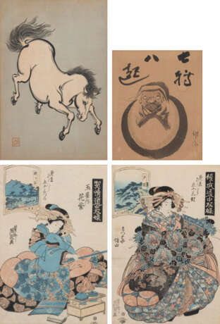 Zwei Farbholzschnitte von Keisai Eisen (1790-1848), ein Holzschnitt mit Pferdedarstellung und eine Zen-Malerei - Foto 1