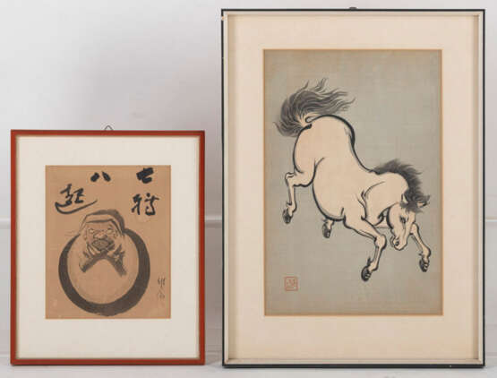 Zwei Farbholzschnitte von Keisai Eisen (1790-1848), ein Holzschnitt mit Pferdedarstellung und eine Zen-Malerei - Foto 6