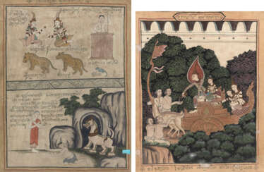Zwei Malereien aus dem Leben des buddha (Jataka) bzw. aus einem buddhistischen Lehrbuch. Farben und Blattgold auf Papier und Gewebe