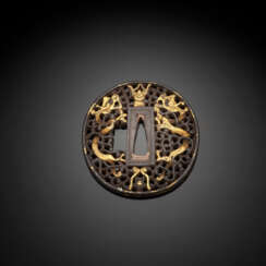 Marugata-Tsuba im Namban-Stil mit Drachen in Gold tauschiert