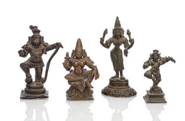 Vier kleine Bronzen mit Darstellungen von Uma, Krishna mit Schlangendämon und Krishna mit Butterball