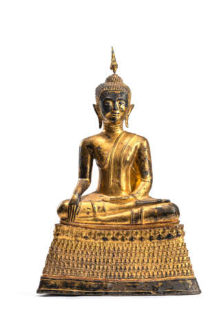 Bronze des Buddha Shakyamuni mit roter- und goldfarbener Lackfassung - photo 1