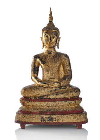 Bronze des Buddha Shakyamuni mit roter und goldfarbener Lackfassung - фото 1