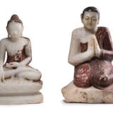 Figur des Buddha Shakyamuni und Adorant aus Alabaster teils mit rotbrauner und goldfarbener Lackfassung - photo 1