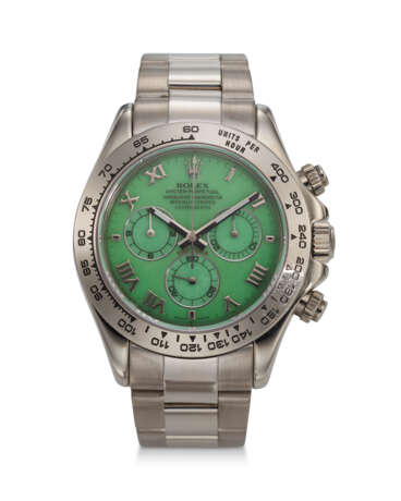 ROLEX, REF. 116509, DAYTONA, A VERY FINE AND RARE 18K WHITE GOLD CHRONOGRAPH WRISTWATCH WITH GREEN CHRYSOPRASE DIAL - Foto 1