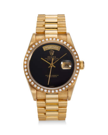 ROLEX, DAY-DATE, REF. 18038, A VERY FINE 18K YELLOW GOLD AND DIAMOND-SET WRISTWATCH WITH DAY, DATE, AND ONYX DIAL - Foto 1