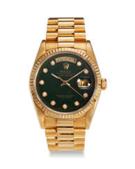 ROLEX, REF. 18238, DAY-DATE, A VERY FINE AND RARE 18K YELLOW GOLD WRISTWATCH WITH DAY, DATE, AND BLOODSTONE DIAMOND-SET DIAL
