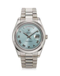 ROLEX, REF. 218206, A VERY FINE PLATINUM WRISTWATCH WITH DAY, DATE, AND &quot;GLACIER BLUE&quot; DIAL