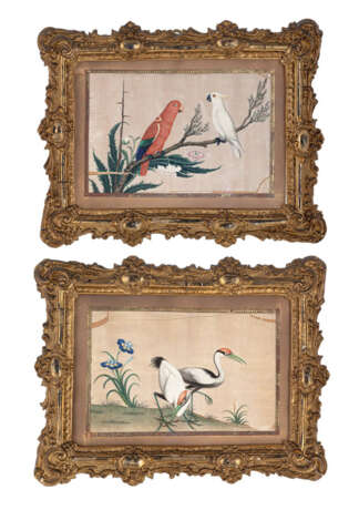 Zwei Pith-Malereien: Kranich-Paar und Papageien - photo 1