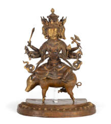 Große Bronze einer buddhistischen Gottheit auf einem Schwein sitzend
