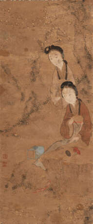 Im Stil von Yu Ji (1738-1823): Zwei Damen im Garten. Hängerolle, Tusche und Farben auf Papier - Foto 1