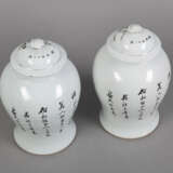 Paar 'qianjiangcai'-Deckelvasen mit eleganten Damen im Garten und Aufschrift - Foto 3