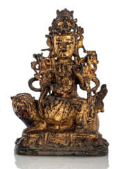 Bronze des Manjushri auf einem Löwen sitzend