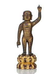 Buddha als Knabe aus Bronze mit Feuervergoldung