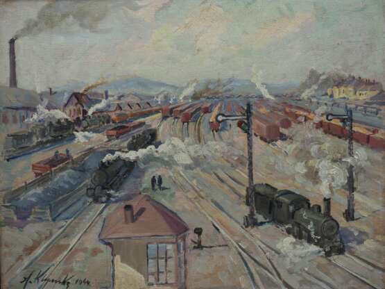 Blick auf Eisenbahnen mit Dampflokomotive in Industriegebiet, 1944. - Foto 2