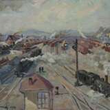 Blick auf Eisenbahnen mit Dampflokomotive in Industriegebiet, 1944. - Foto 2