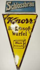 Alte Emailschilder: Reklame 'Knorr' und 'Schlossbräu'.