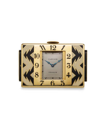 CARTIER, A VERY FINE AND RARE 18K YELLOW GOLD AND ENAMEL “SHUTTER” TRAVEL CLOCK - Foto 1