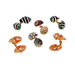 NO RESERVE | TRIANON THREE PAIRS OF SHELL AND MULTI-GEM CUFFLINKS