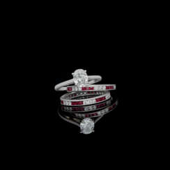 CARTIER DIAMOND RING WITH DIAMOND AND RUBY ETERNITY BANDS