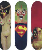 Supreme. A SET OF THREE GEORGE CONDO LADY, MAN & SUPERMAN SKATEBOARDS
