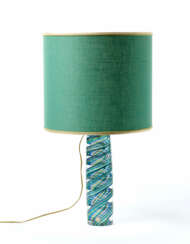 Rare table lamp with obelisk-shaped stem in crystal glass with "Multicolored Ballottino" decoration in green, sapphire, cyclamen, sulfur, black interwoven strands