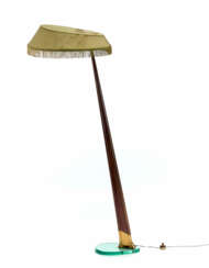 Floor lamp with crystal base, cast brass frame and solid mahogany wood, fringed fabric shade