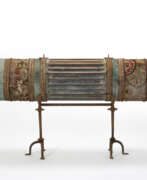 Umberto Bellotto. Casket of cylindrical shape composed of a central opening sector in grooved wood and two lateral sectors covered in brocade fabric