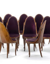 Group of ten chairs, veneered and inlaid with different precious woods and mother-of-pearl