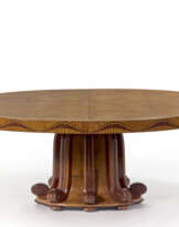 Extendable table with oval top veneered and inlaid with different essences