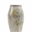 Large ceramic vase decorated with figures of Chinese soldier, woman, and child in shades of brown, green, red, and yellow on a white background under showcase - Архив аукционов
