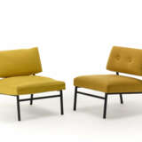 Two small armchairs with black painted metal structure, upholstered and yellow fabric covered seat and back - фото 1