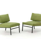 Pair of armchairs with black painted metal structure, upholstered and green fabric covered seat and back - photo 1