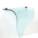 Curved and ground crystal console table shaped into a triangle, brass and metal fixing studs - photo 1