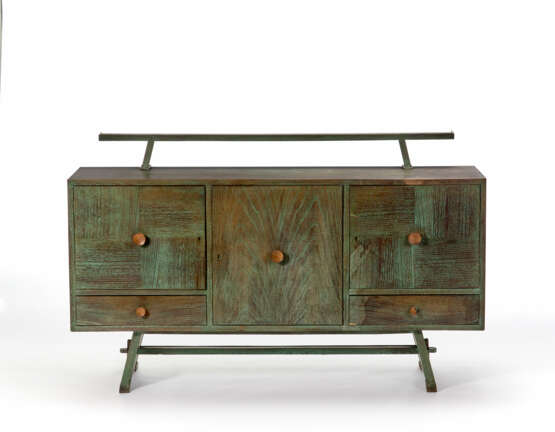 Aniline green stained oak sideboard with three doors and two drawers, supports joined by crossbeam - фото 1