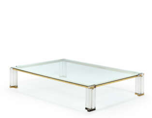 Large living room table with brass and plexiglass structure, crystal top